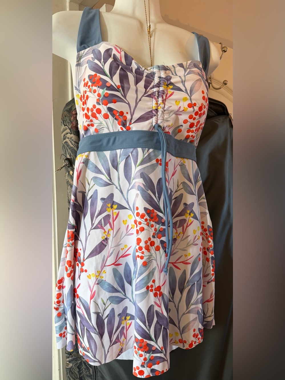 Floral Print Blue-Accent One-Piece Swimdress